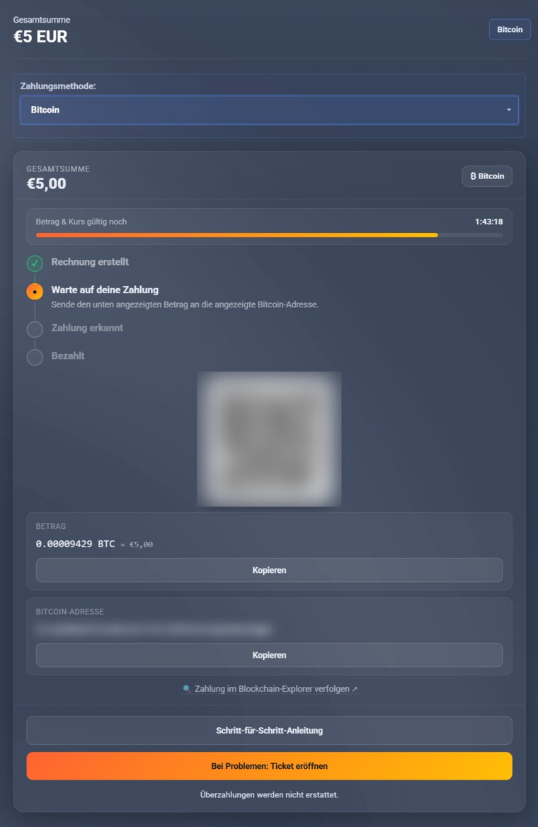 Bitcoin-Zahlseite: Adresse, QR-Code und Betrag