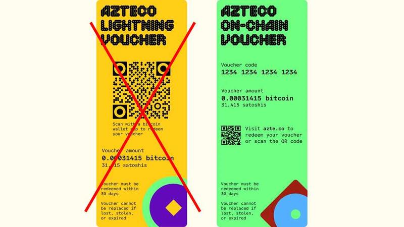 Azteco: Lightning (nicht akzeptiert) vs. On-Chain (akzeptiert)
