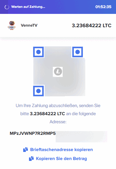 Zahlungsdetails: Betrag, Zieladresse und QR-Code